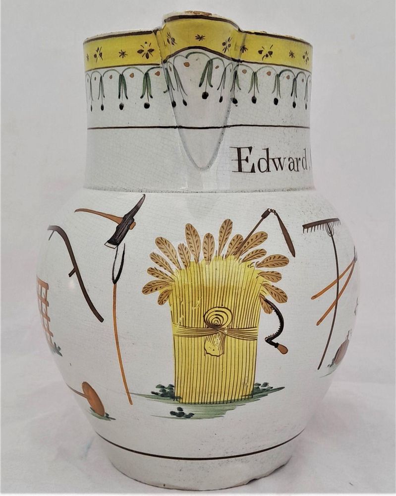 Pearlware high temperature underglaze decorated jug painted name - Edward Croston and farm implement  - Antique circa 1800 - prattware - capacity 2.5 pints or 1.45 litres - 17.5 cm high