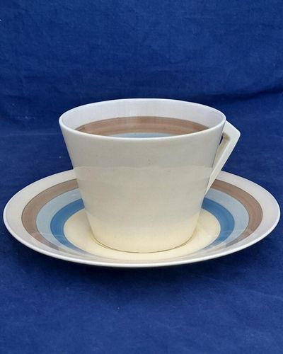 Art Deco Wilkinson Clarice Cliff Striped Open Conical Handle Cup & Saucer 1930s