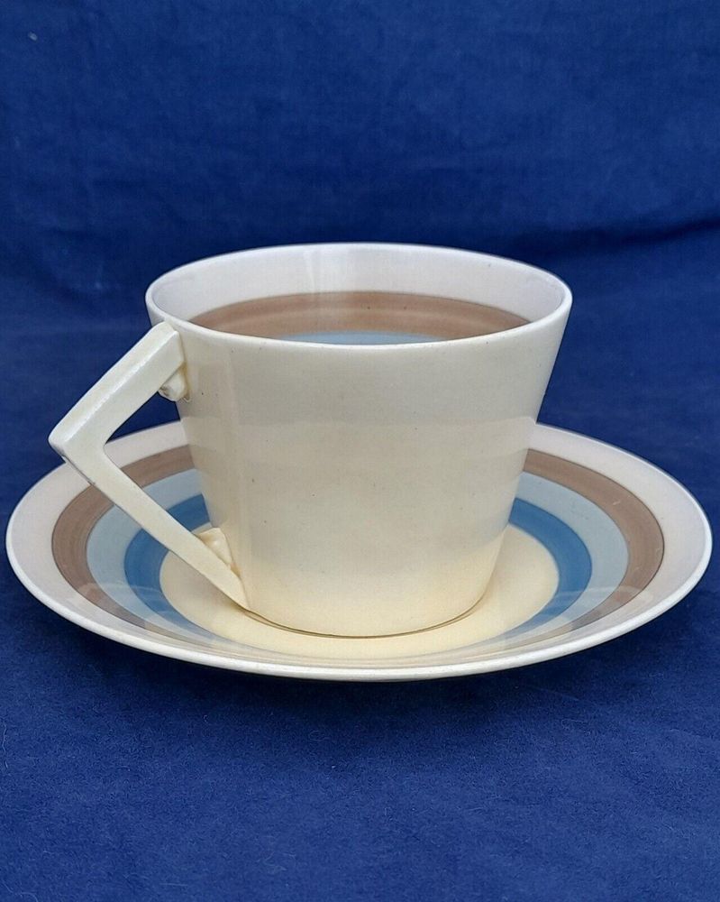 Art Deco Wilkinson Clarice Cliff Striped Open Conical Handle Cup & Saucer 1930s