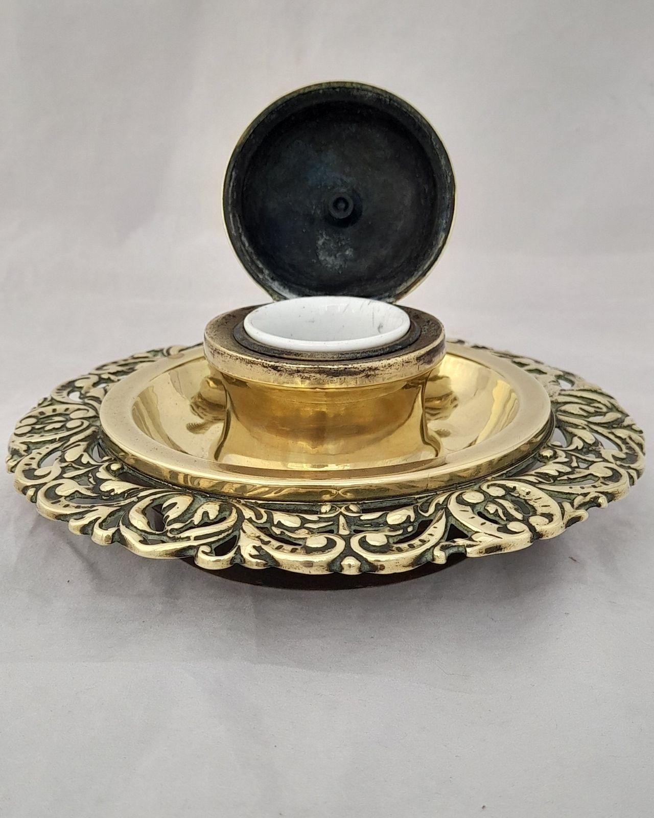 Antique neo rococo style brass hinged lidded inkwell with liner & pen stand cast rococo scroll decoration circa 1870