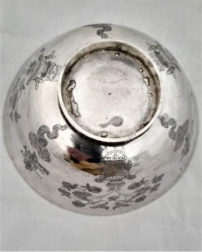 Chinese White Metal Silver Bowl 5" Engraved flower vase & Longevity character shou 壽 Lingzhi Fungus 19th century 173 grammes