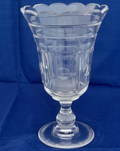 Antique Victorian Large Glass Celery Vase Scalloped Rim Panel Cut Baluster Knop