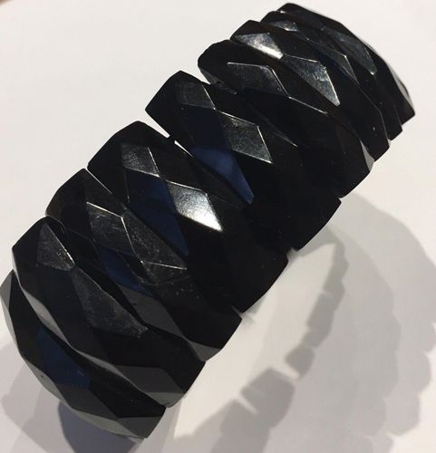 Antique Victorian Whitby Jet Elasticated Panel Bracelet Large Size 8 inches internal circumference circa 1880