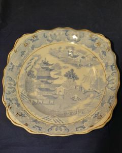 Spode type antique porcelain square cake plate transfer printed in blue & white in the Two Temples II variation Broseley pattern early 19thC 21cm