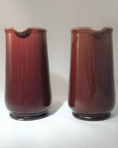Pair of antique Wedgwood majolica pottery rope handled jugs - Purple Glazed elegant slender tapering cylindrical form - circa 1920 - 18.1 cm high 1 1/4 pints capacity