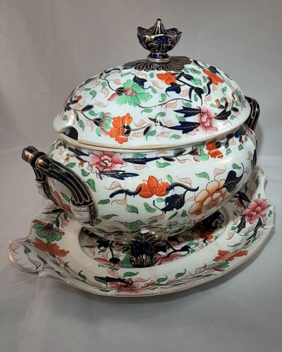 Large Chamberlain Worcester Porcelain Bone China Lidded Soup Tureen & Stand Imari Japan pattern ca 1825 - female mask head handle terminals 41cm L 6pt
