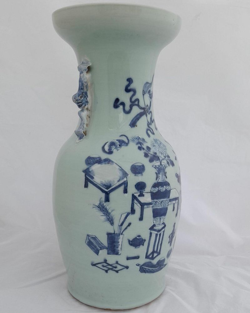 Antique Chinese Porcelain Celadon Ground Vase Blue & White Precious Things Lion Dog Handles baluster shape flared trumpet neck Qing dynasty late 19thC 42cm high 20.6 cm diameter 3.65 kg