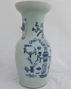 Antique Chinese Porcelain Celadon Ground Vase Blue & White Precious Things Lion Dog Handles baluster shape flared trumpet neck Qing dynasty late 19thC 42cm high 20.6 cm diameter 3.65 kg