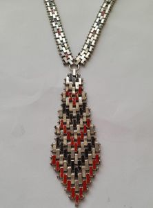 Art Deco Jakob Bengel Brickwork or Mauerwerk Articulated Long Necklace Red Black Enamels 1920