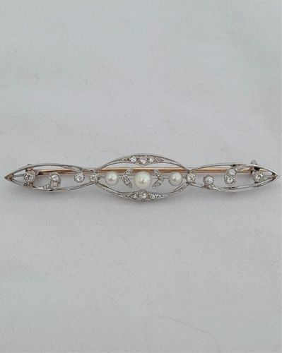 Antique Edwardian 18ct White and Yellow Gold Bar Brooch set with Diamonds  and Natural Pearls