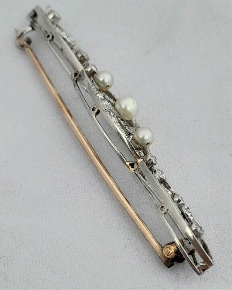 Antique Edwardian 18ct White and Yellow Gold Bar Brooch set with Diamonds  and Natural Pearls