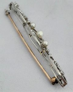 Antique Edwardian 18ct White and Yellow Gold Bar Brooch set with Diamonds  and Natural Pearls
