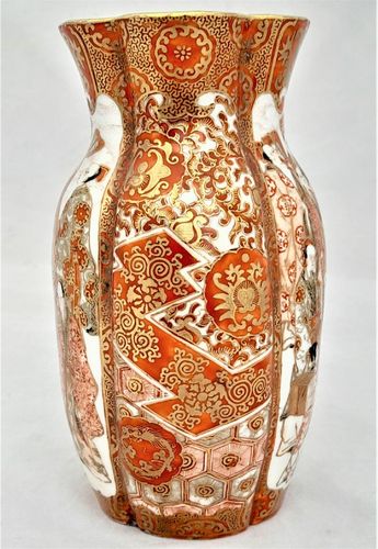 Antique Japanese Kutani Porcelain Vase decorated in iron red and enamel brocade - aka-e kinran-de made in the  Meiji period circa 1885 - signed Kaga San Pu Do - painted by Kasama Shuseki of  Kanazawa  in the Kaga Prefecture 15.2 cm high 9.2 cm wide weighs 370 grammes unpacked.