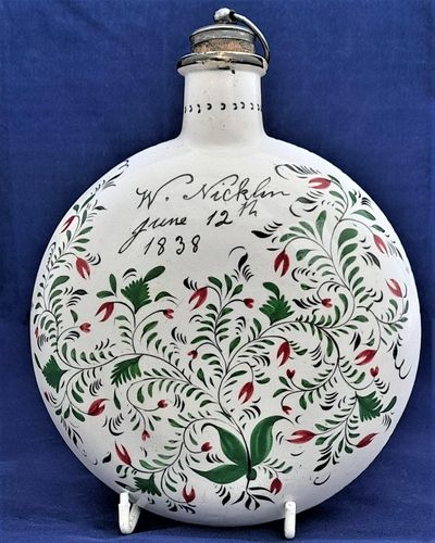 Pearlware Prattware Spirit Flask Inscribed W. Nicklin June 12th 1838 - Antique Pilgrim Flask high temperature underglaze colours green black & red