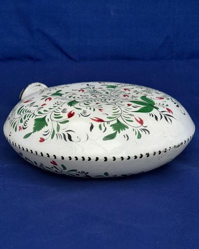 Pearlware Prattware Spirit Flask Inscribed W. Nicklin June 12th 1838 - Antique Pilgrim Flask high temperature underglaze colours green black & red