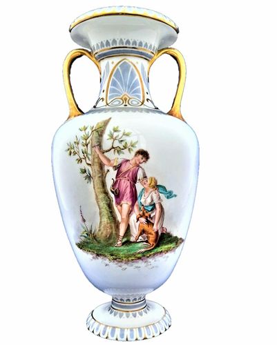 Antique Derby Porcelain Amphora Vase or Mantle Urn Hand Painted scene named Paris & Oenone by W Lambert Old Crown Derby China Works King Street 19th C 25 cm H