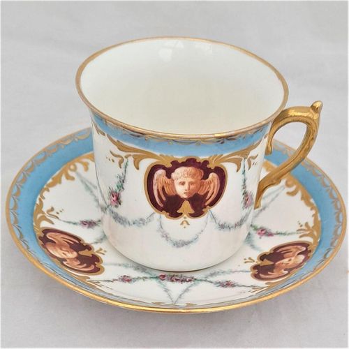 Main image - Antique porcelain tea cup & saucer hand painted Cherub heads & floral swags by W. Lambert 1915 - Larcombe King St Derby Porcelain