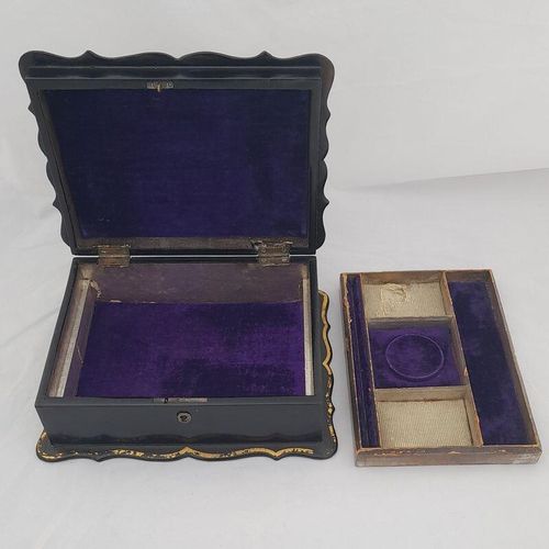 Open tray removed - Papier Mache Jewellery Box scalloped rim & hand painted Shells Seaweed & kelp design with Inlaid Mother of Pearl - Antique Victorian Conchology c 1850