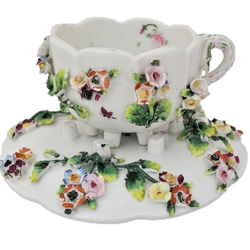 main image white background - Dresden porcelain cup & saucer applied flowers hand painted insects antique late 19th C - lobed shape on six stilt feet - Meissen style - monogram JR