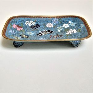 Back view - Japanese shippo cloisonne turquoise enamel bracket footed small rectangular dish decorated with butterfly & flowers - Antique Meiji period circa 1900