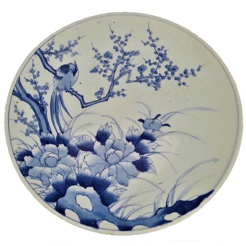 Main - no background - Large Japanese Arita Porcelain Charger Painted Blue & White Bird of Paradise in Prunus Tree - antique circa 1870 19th C Meiji 41 cm diameter 2.29 kg