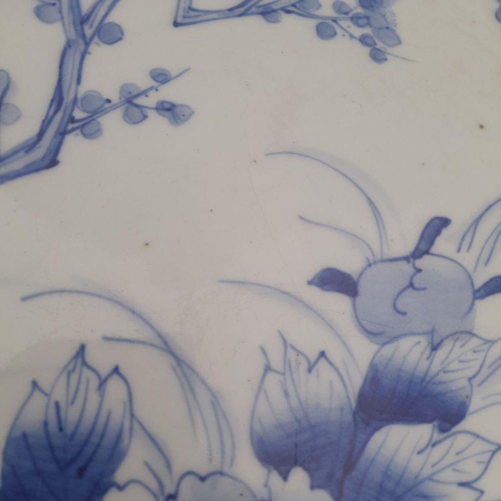 Detail star crack - Large Japanese Arita Porcelain Charger Painted Blue & White Bird of Paradise in Prunus Tree - antique circa 1870 19th C Meiji 41 cm diameter 2.29 kg