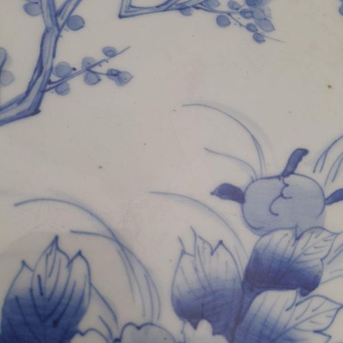 Detail star crack - Large Japanese Arita Porcelain Charger Painted Blue & White Bird of Paradise in Prunus Tree - antique circa 1870 19th C Meiji 41 cm diameter 2.29 kg