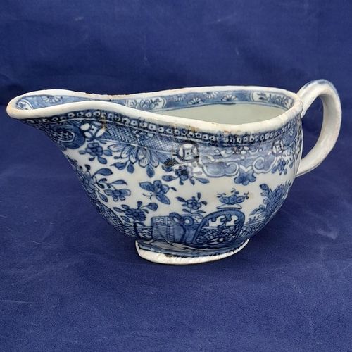 Left front side - Chinese Export Porcelain Blue & White Sauce Boat Garden Terrace Pattern with River & Island - Bulbous shape Gadrooned & unfooted - Qianlong Qing 1760