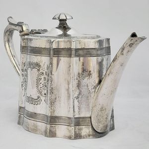 front right view - James Dixon & Sons silver plated Commode shaped EPBM tea pot engine engraved design - antique George V circa 1920 2 pint capacity