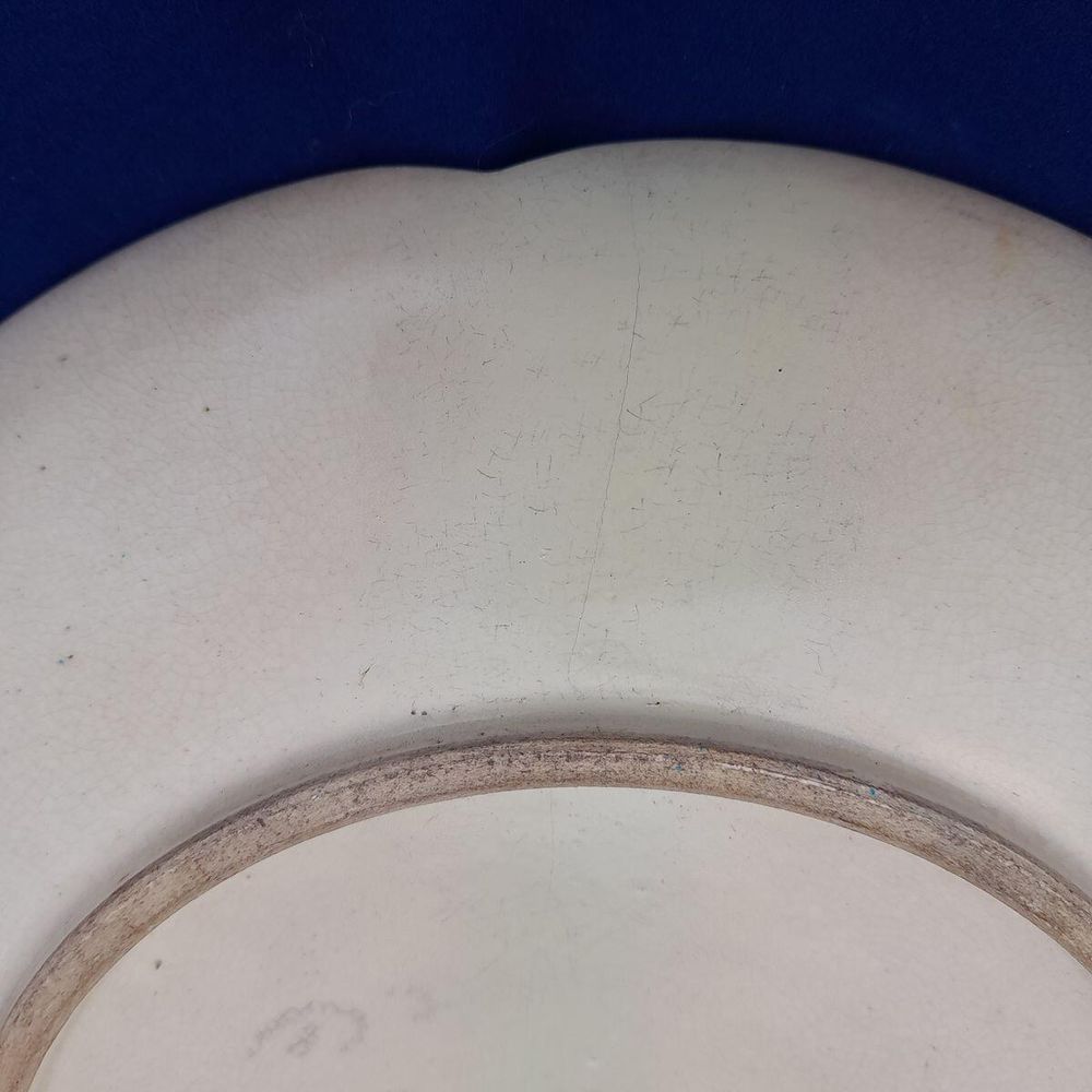 Close up crack to back - Japanese Satsuma Pottery Low relief Moulded Plate Painted Immortals or Lucky Gods with Halos marked Satsuma & Shimazu mon - Antique Meiji circa 1900