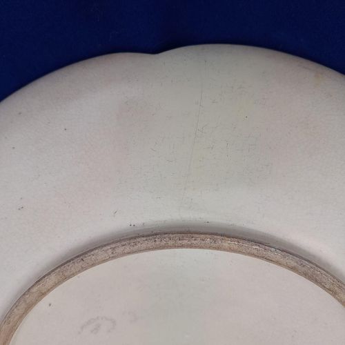 Close up crack to back - Japanese Satsuma Pottery Low relief Moulded Plate Painted Immortals or Lucky Gods with Halos marked Satsuma & Shimazu mon - Antique Meiji circa 1900