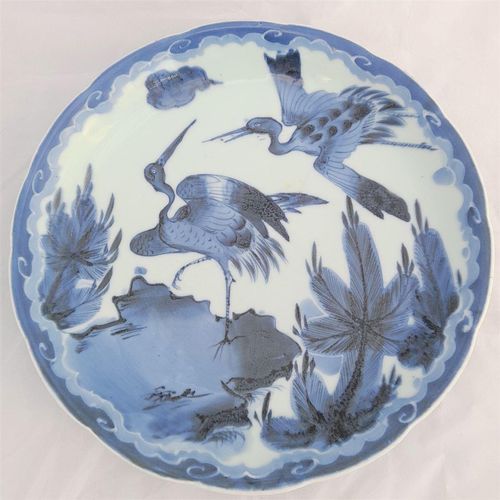Top down view - Antique Japanese Sometsuke Arita Porcelain charger painted pair of Cranes 19th C