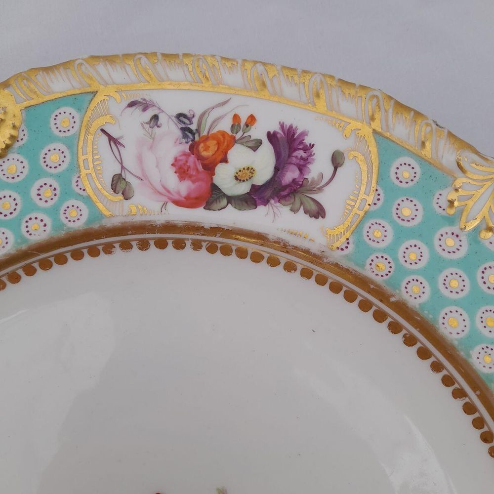 Detail cartouche 2 - John Rose Coalport Porcelain dessert plate - Oeil de Perdix Union pattern border floral cartouches circa 1825