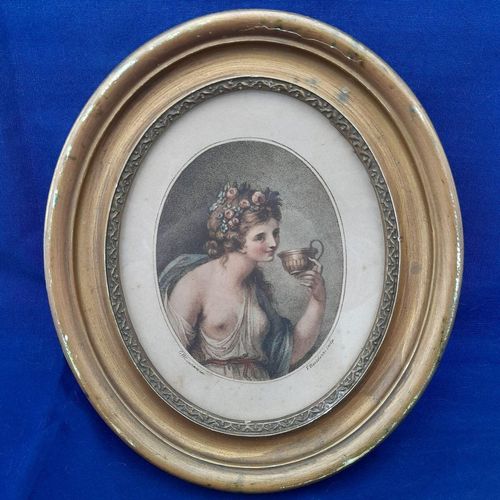 Main image front view : Antique Francesco Bartolozzi hand coloured stipple engraved Print of a Bacchante after a painting by Giovanni Battista Cipriani circa 1780 Oval Frame
