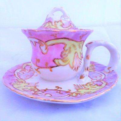 Continental Porcelain Ink Well Pink & Yellow Enamel Chamberstick Antique 19th C
