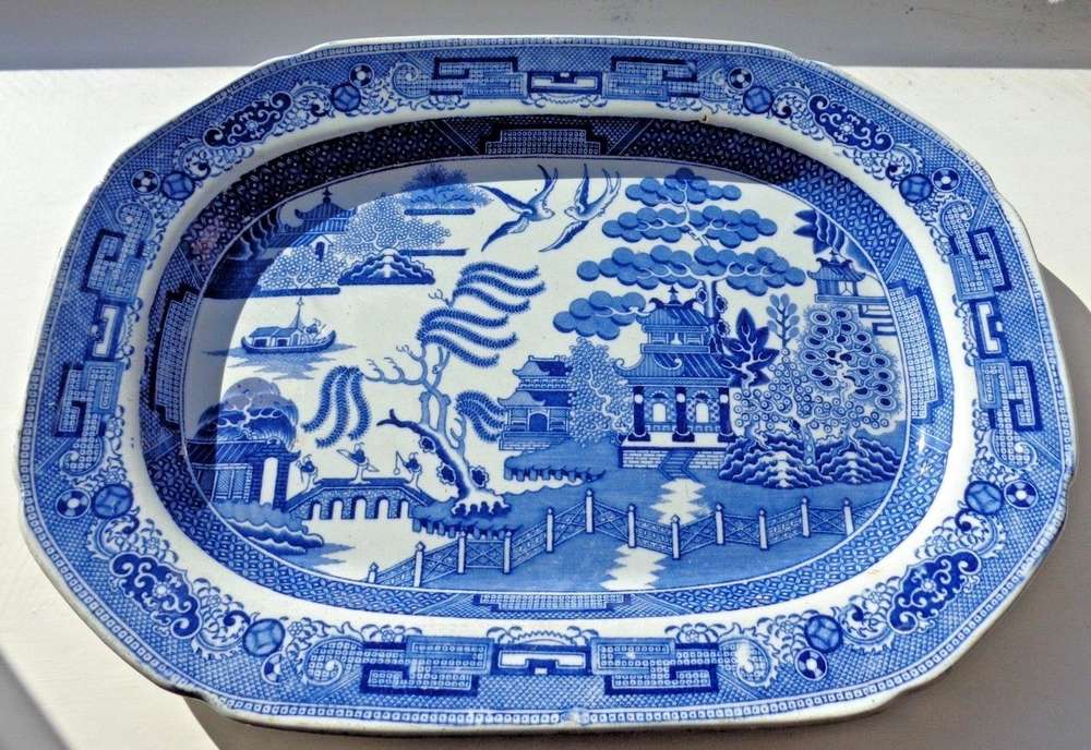 Antique Ironstone Meat Plate Platter Ashet Blue & White Transferware Willow 1840