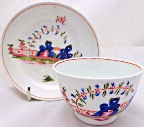 Antique Keeling Porcelain Tea Bowl & Saucer Two Blue Rocks & Bridge Pattern 1805