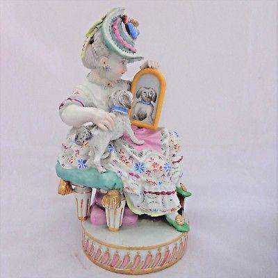 Antique Meissen Porcelain Figurine Girl Dog & Mirror M V Acier Model F50  c 1880