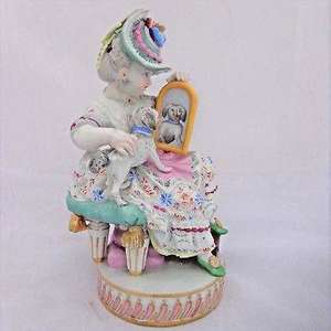 Antique Meissen Porcelain Figurine Girl Dog & Mirror M V Acier Model F50  c 1880