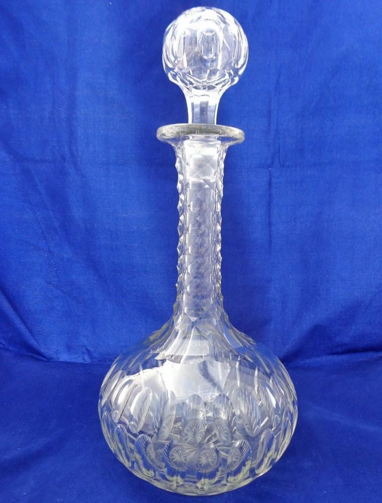 Antique Victorian Cut Glass Shaft and Globe Decanter with Faceted Stem c 1880