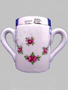 Antique Silver Rimmed Hand Painted Miniature Porcelain Loving Cup HM London 1906