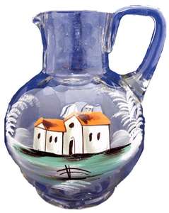 Antique Bohemian Glass Jug with Enamelled House Decor Mary Gregory Style c 1880