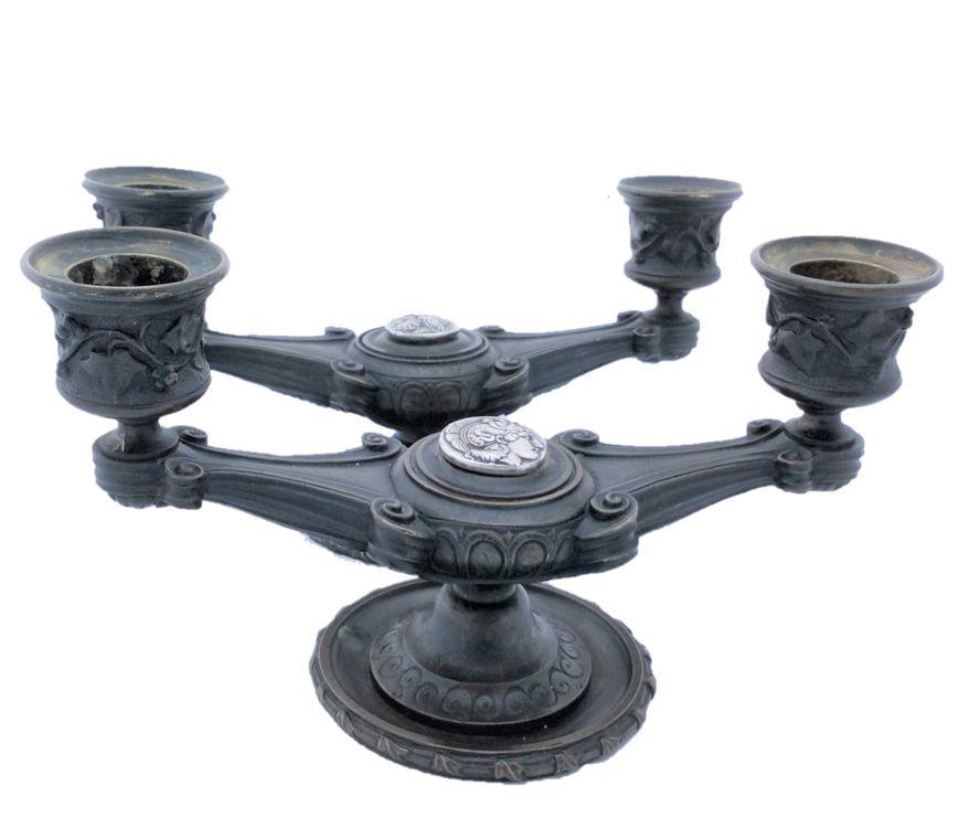 Patinated Bronze Greek Revival Style Candlesticks French Antique c 1870