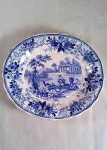 Domestic Scenery Blue&White Transferware Oval Plate S&J Burton Antique