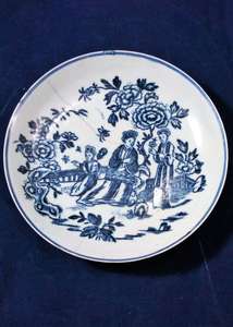 Liverpool Porcelain Philip Christian Blue and White Saucer Three Ladies ca 1770
