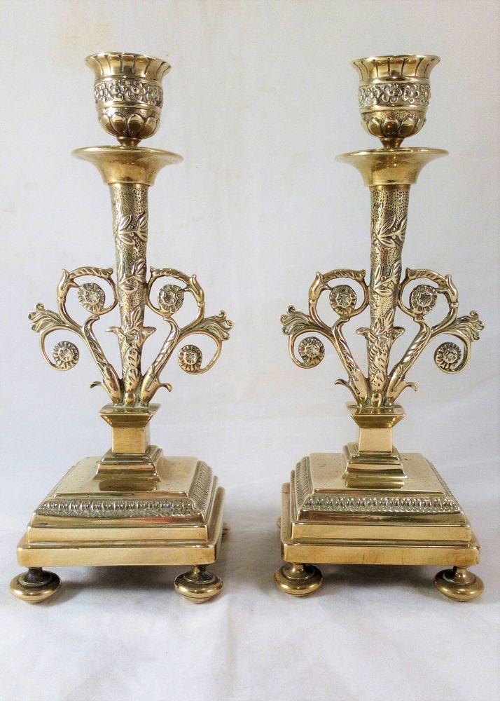 Pair of Ornate French Brass Candlesticks Empire Style Antique 19th Century