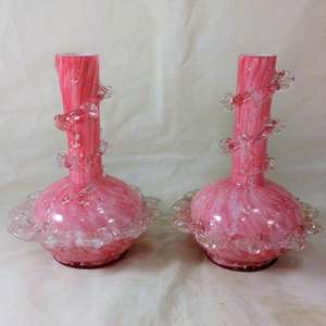 Antique Pair Pink Spangled Art Glass Vases Clear Glass Applied Flowers c 1890