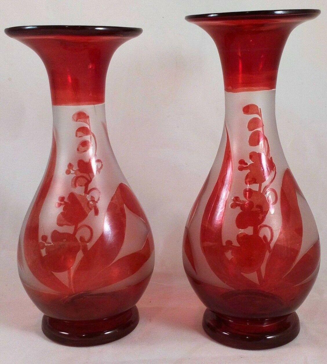 Bohemian Ruby Flashed Glass Pair Vases Lily of The Valley Design Antique c 1880