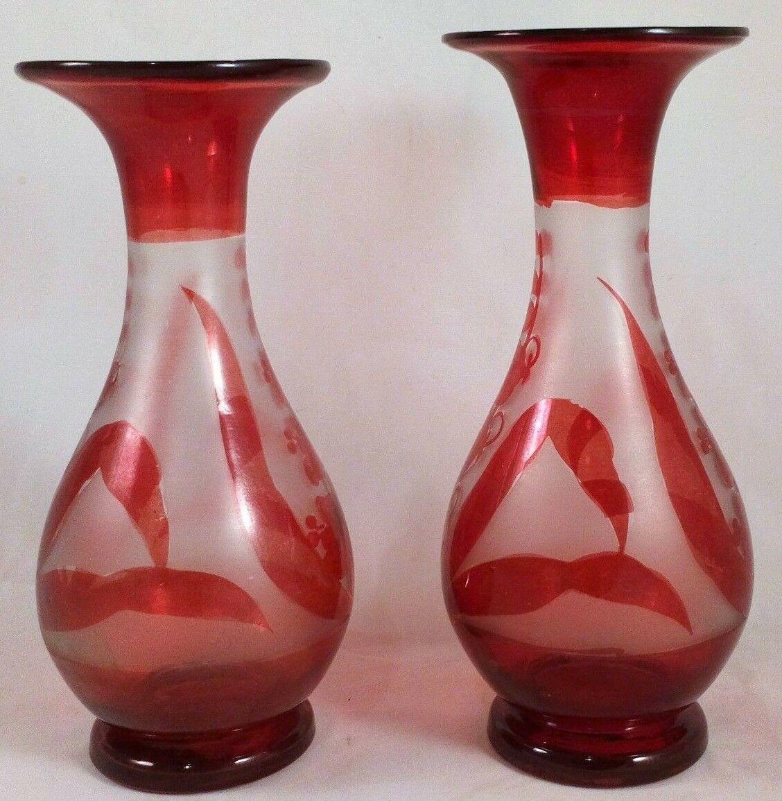 Bohemian Ruby Flashed Glass Pair Vases Lily of The Valley Design Antique c 1880