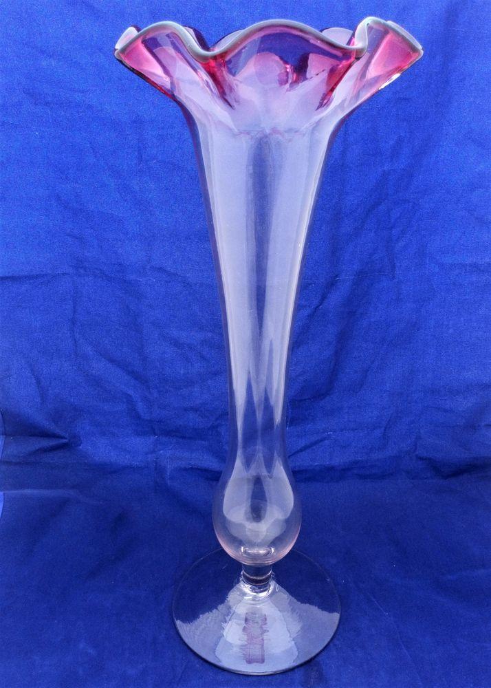 Ruby Frilled Tall Footed Clear Glass Lily Stem Vase Stourbridge Antique c 1880